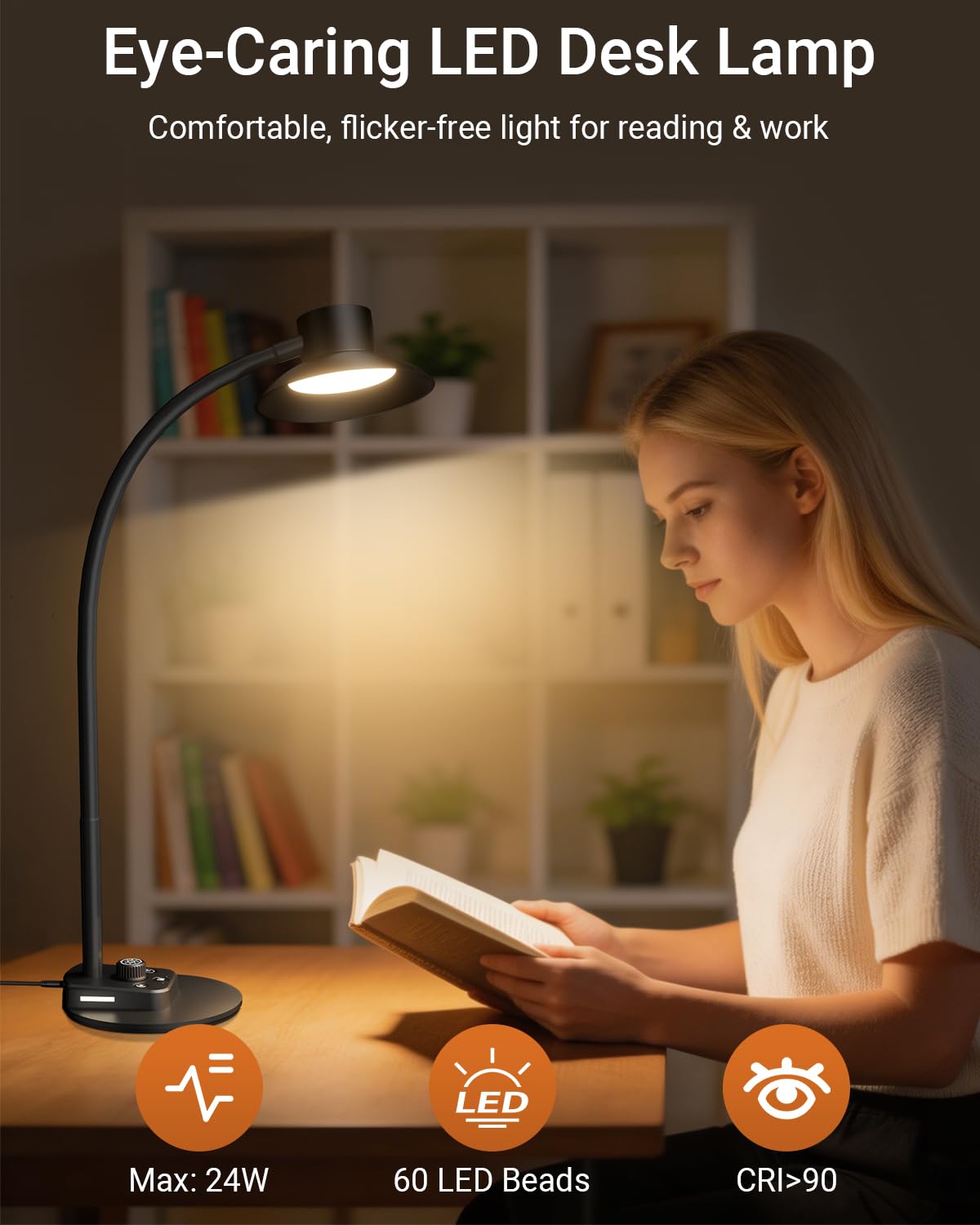 Desk Lamp,Eye-Caring Dimmable Bedside lamp with Dual USB Charging Port, 5 Light Modes & Stepless Dimming, 1400LM Desk Light with Flexible Neck for Home, Office, Bedroom, Reading, Work, Study,12V 2A