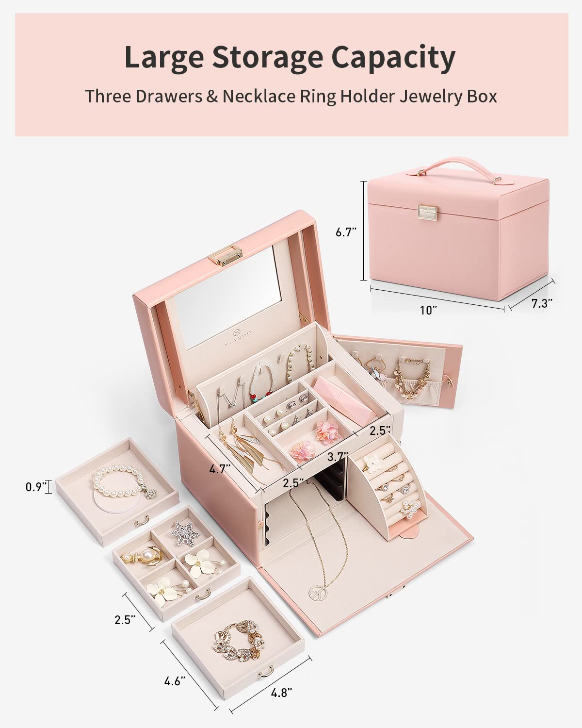 Vlando Jewelry Box Organizer for Girls Women, Large Baroque Jewelry Storage Box with Mirror,Drawers for Bracelets, Earrings, Rings, Necklaces, Mothers Day Difts for Loved One, Pink