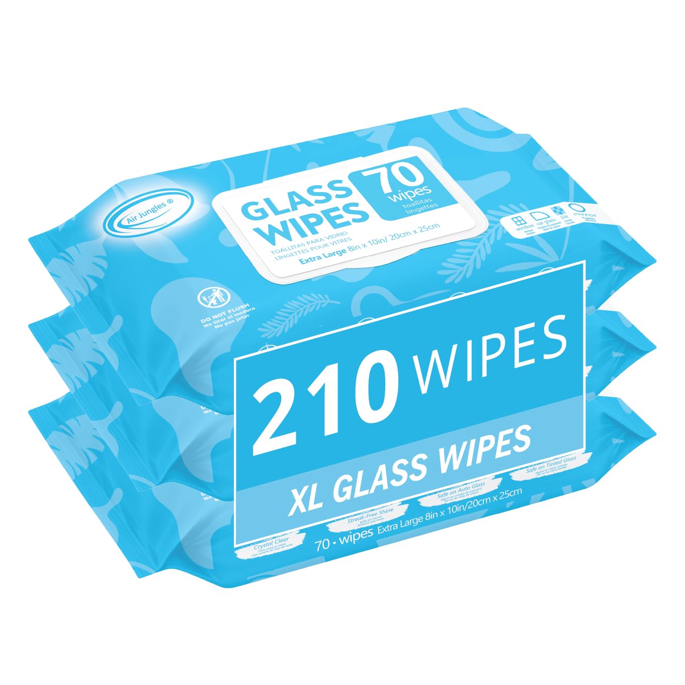 Air Jungles Glass and Window Cleaner Wipes 70 Count (Pack of 3), Extra Large 8" x 10" Size Multi-Surface Glass Cleaning Wipes for Car Windshield, Headlight, Mirror, Tile, and Household Appliance