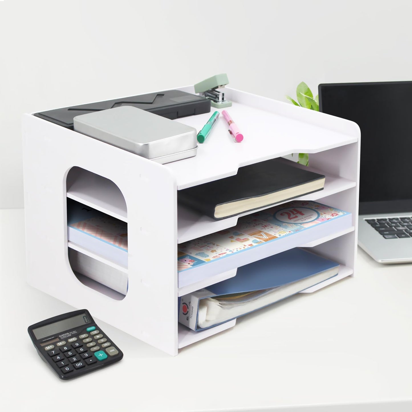 SONGWAY Scrapbook Paper Organizer 12x12-4 Tier File Organizer for Desk, 12x12 Stackable Scrapbook Paper Storage Trays, Desktop File Storage Cube for Home Office School