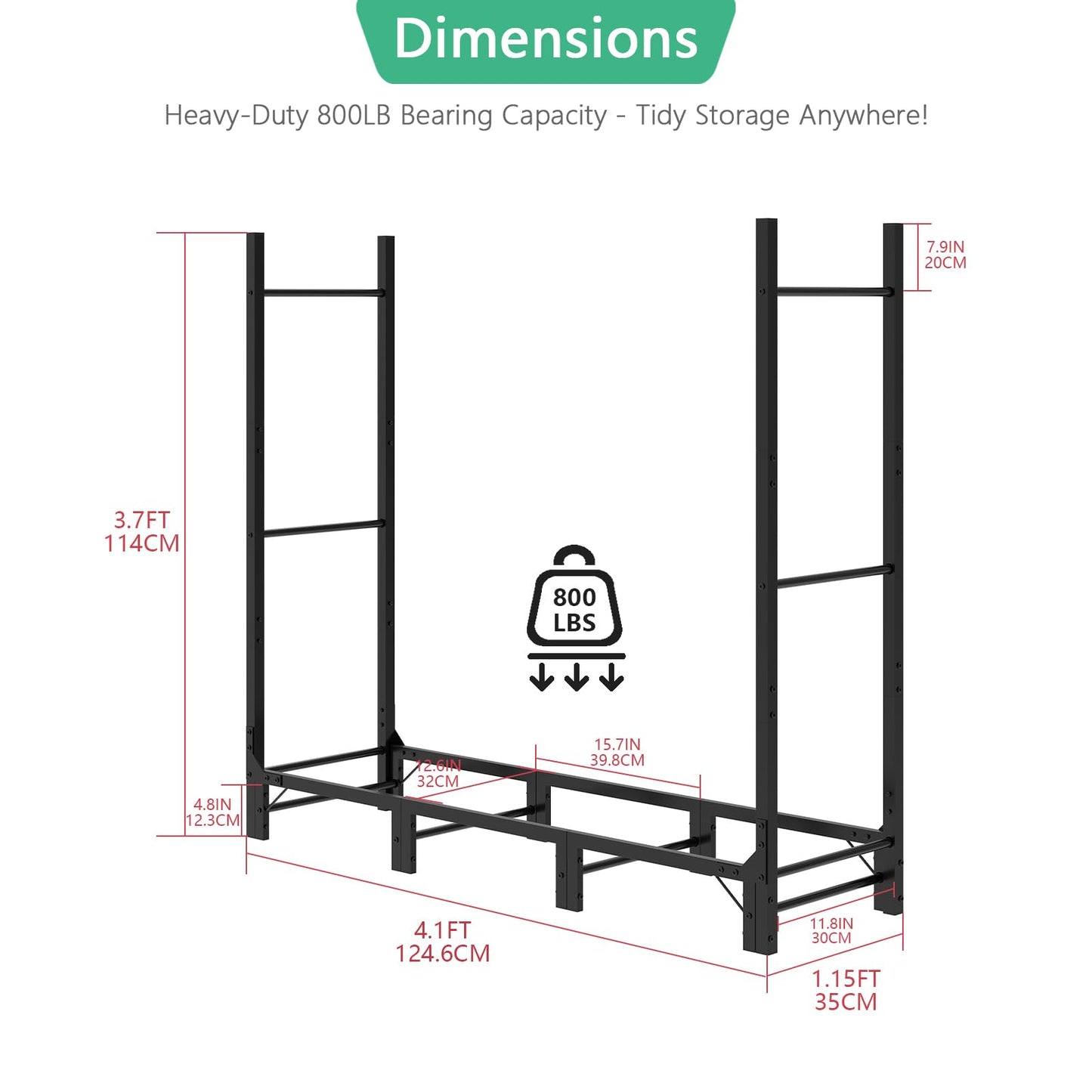 Helios&Hestia 4Ft Outdoor Firewood Rack for Fireplace, Heavy Duty Steel Log Holder, Indoor Wood Pile Storage Organizer, Adjustable Stacker Stand, Black