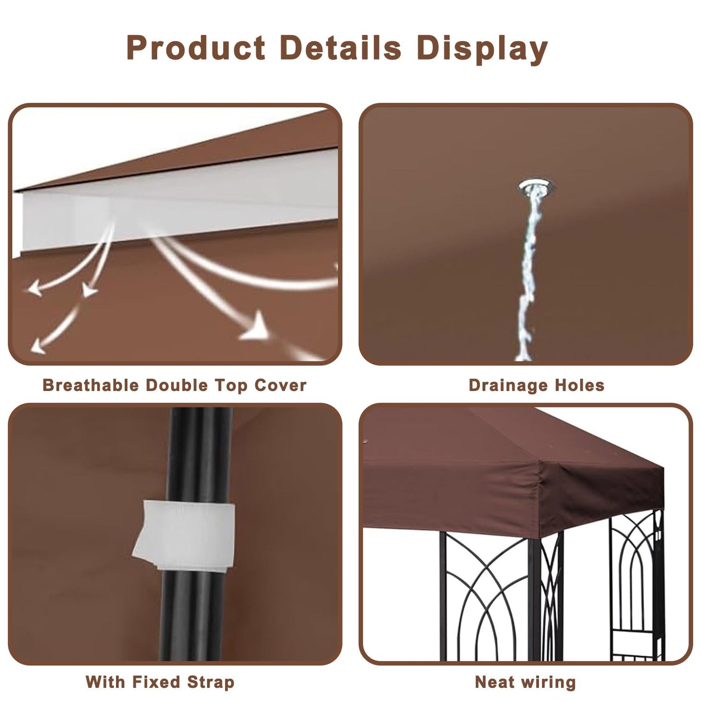 8'x8' Gazebo Canopy Replacement Top, 2 Tier Outdoor Waterproof Gazebo Canopy Cover with Drainage Hole, for Outdoor Patio Backyard Garden Lawn Sun-Shelter (Brown)