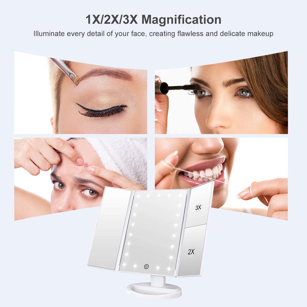WEILY Vanity Makeup Mirror,1x/2x/3x Tri-Fold Makeup Mirror with 21 LED Lights and Adjustable Touch Screen Lighted Mirror Dressing Mirrors for Women(White)