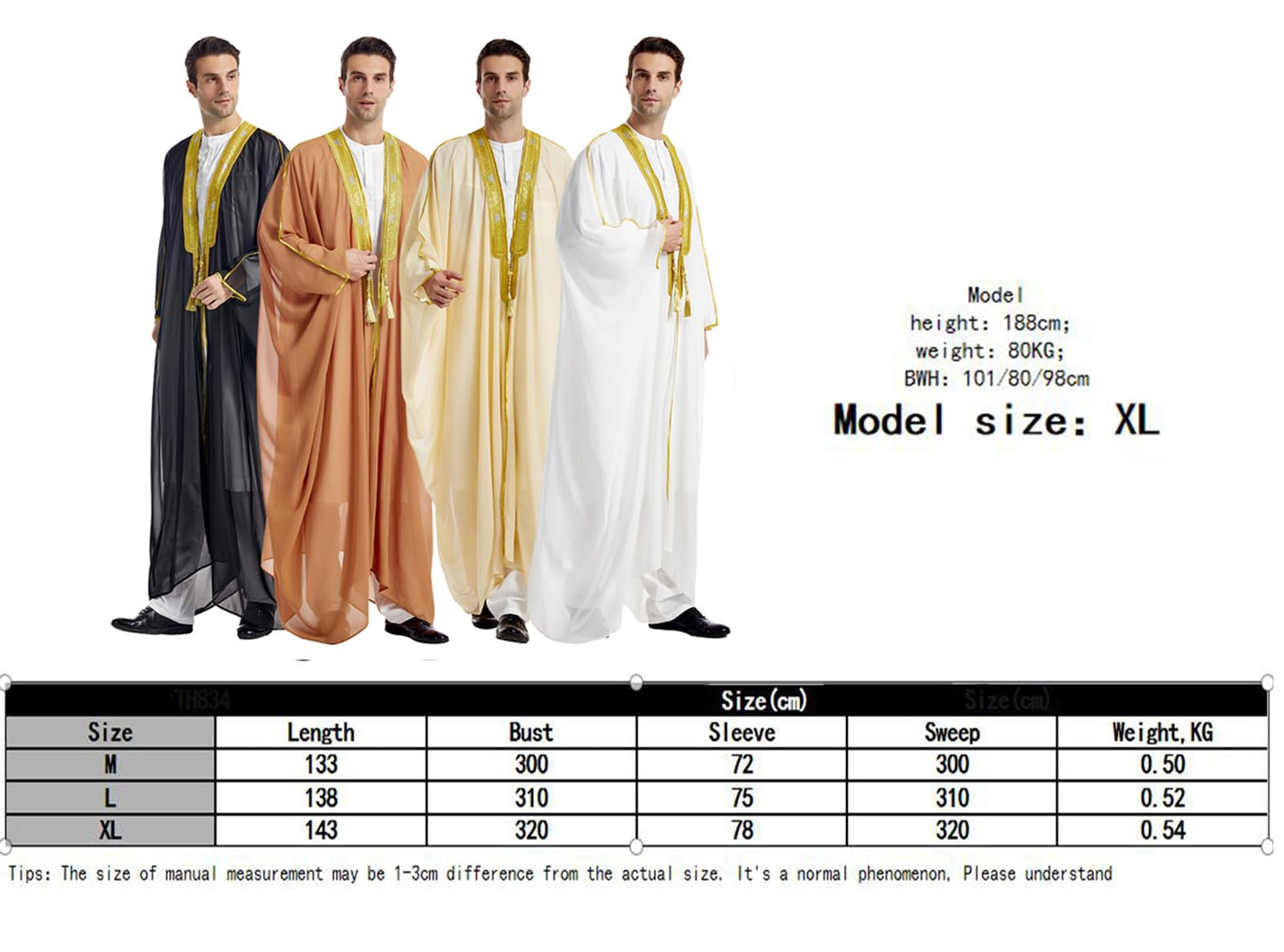 Qianliniuinc Thobe for Men Islamic Arabic Robe - Muslim Prayer Clothes Loose Abaya Clothing Casual Kaftan Long Sleeve, Beige, Medium