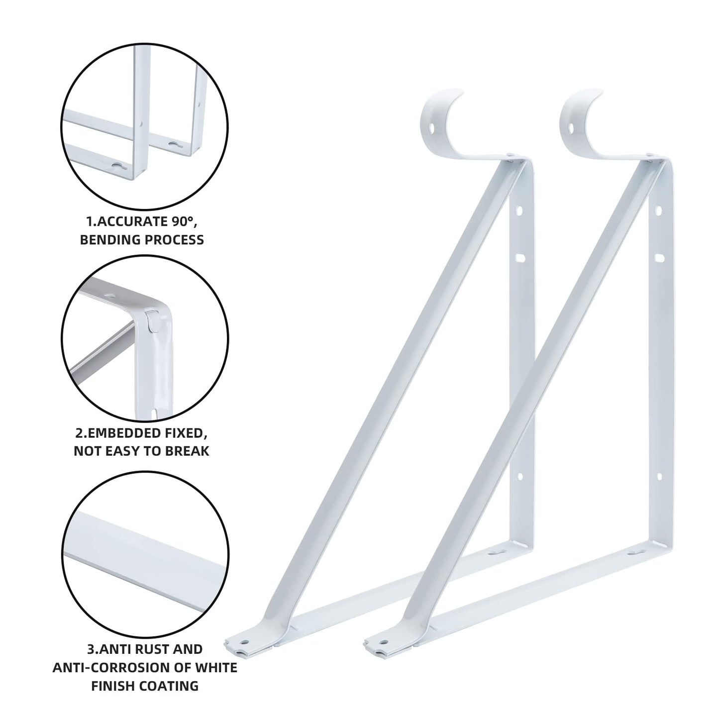 HOME MASTER HARDWARE Heavy Duty Closet Rod Brackets 4 Pack, Wall Mounted Closet Shelf & Rod Bracket, 11 x 9.5 in Shelves Support Brace with Hook, White with Screws, HOME MASTER HARDWARE