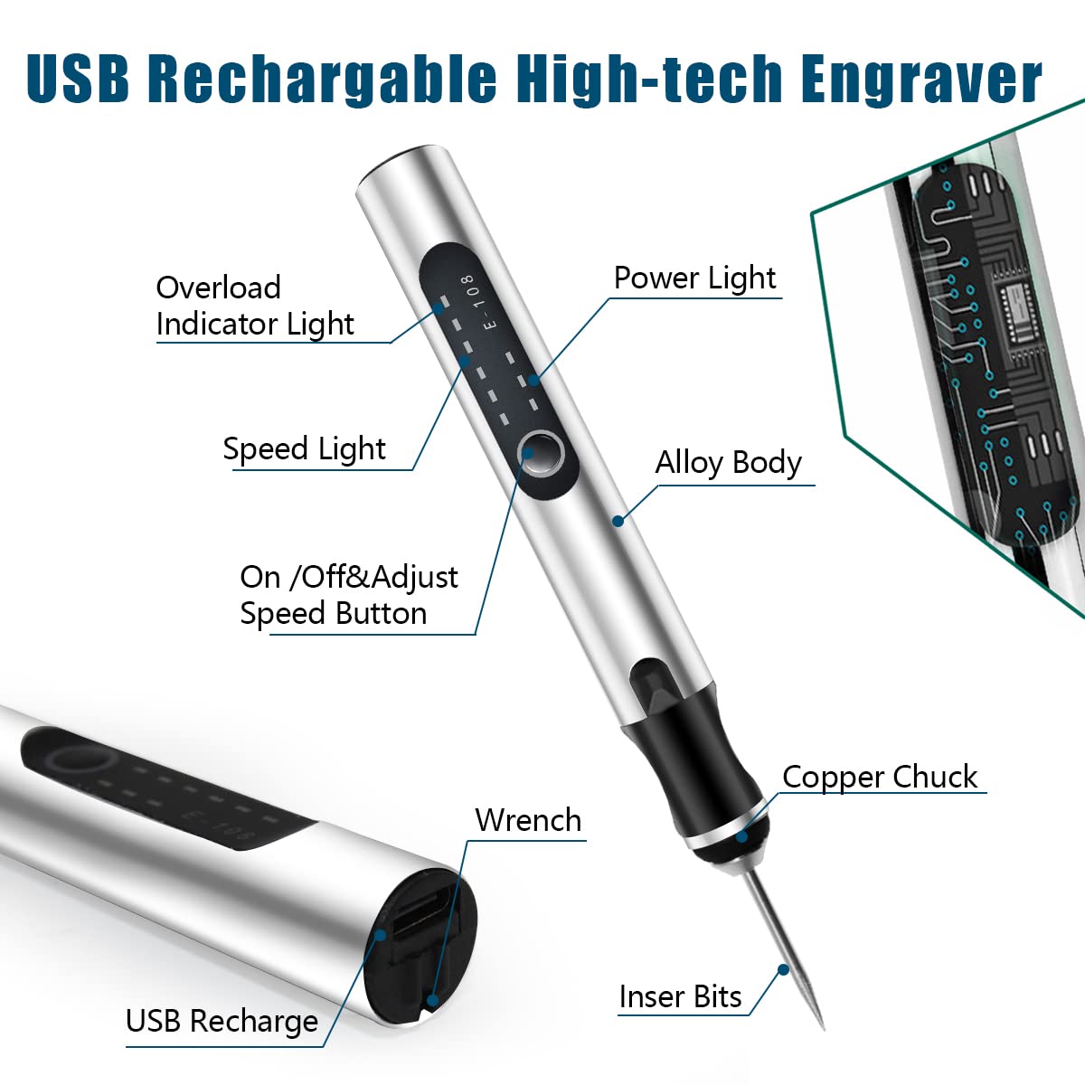 USB Rechargeable Micro Engraver Etching Pen,25W Mini Electric Engraving Tool,Portable Precision Engraving Pen with 35bits for DIY Jewelry Glass Wood Ceramic Metal Plastic