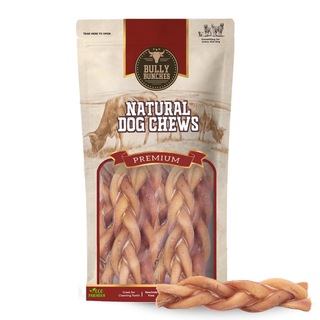 Bully Bunches All Natural Braided 6 Inch Bully Sticks – Odour Free, Rawhide Free, Chemical Free – Safe, Long Lasting Thick Beef Dog Chew Gnaws – Fully Digestible Treat for Small and Medium Dogs, 10 Pk