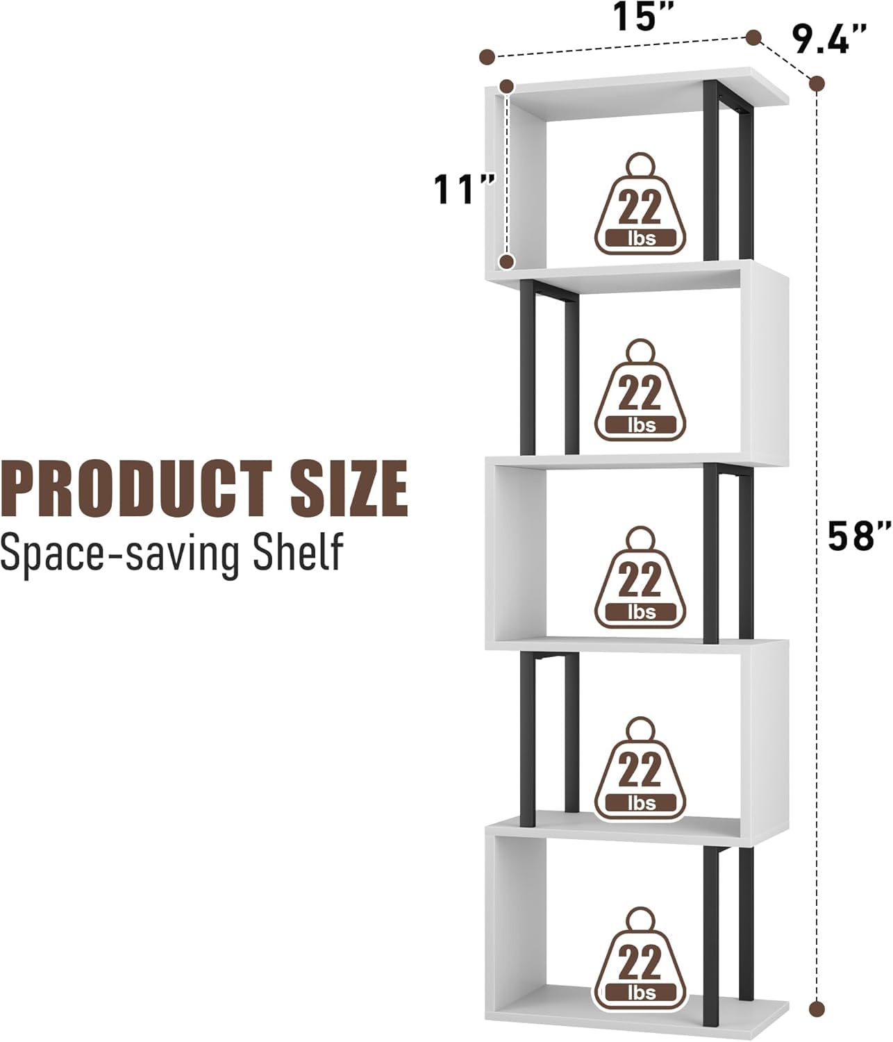 Gadroad 5-Tier Bookshelf, Narrow S-Shaped Geometric Bookcase, Wood Decorative Storage Shelving, Modern Freestanding Display Shelves, Book Shelf Unit for Living Room Bedroom Home Office, White