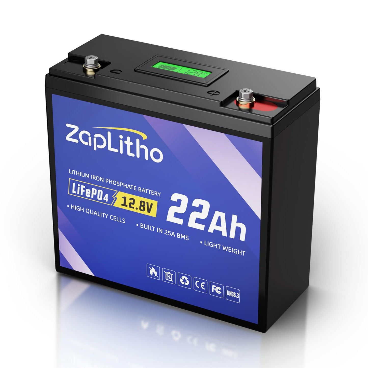 ZapLitho 12V 22Ah LiFePO4 Lithium Battery, Upgraded LCD Voltage Diaplay, 25A BMS, Low Temp Resistance Than SLA, Lightweight Deep Cycles Lithium Iron Phosphate Battery for Ham Radio, Fish Finder, Solar