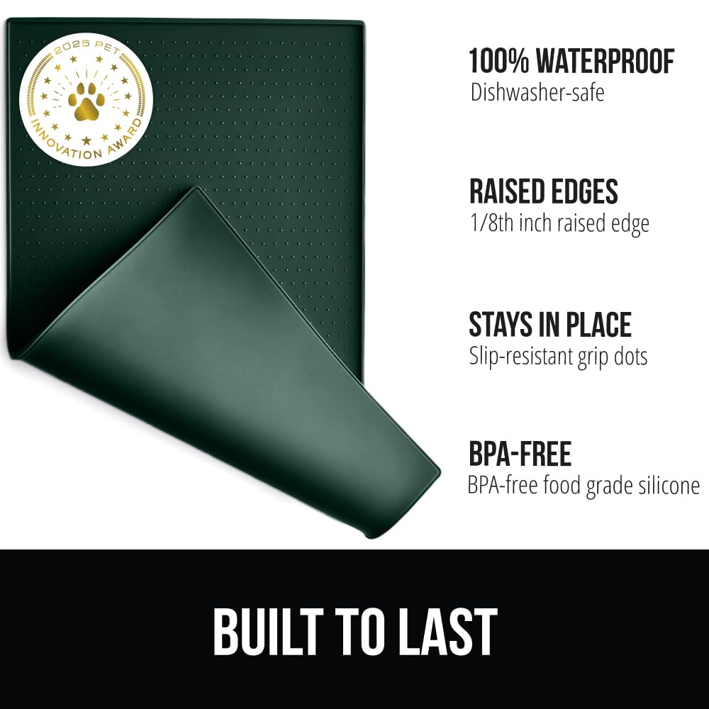 GORILLA GRIP 100% Waterproof Raised Edge BPA Free Silicone Pet Feeding Mat, Dog Cat Food Mats Contain Spills Protects Floors, Placemats for Cats and Dogs Water Bowl, Pets Accessories 28x18 Green