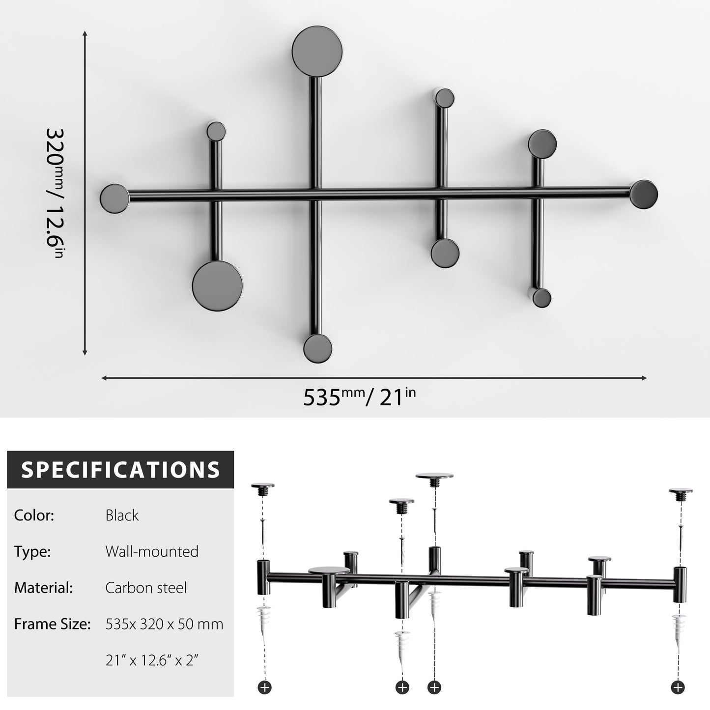 CeleVista Coat Rack Wall Mount, 10 Hooks Metal Wall Hooks for Hanging Coats, Modern Decorative Coat Hook Rack for Hat, Entryway, Minimalist Space Saver(Black)