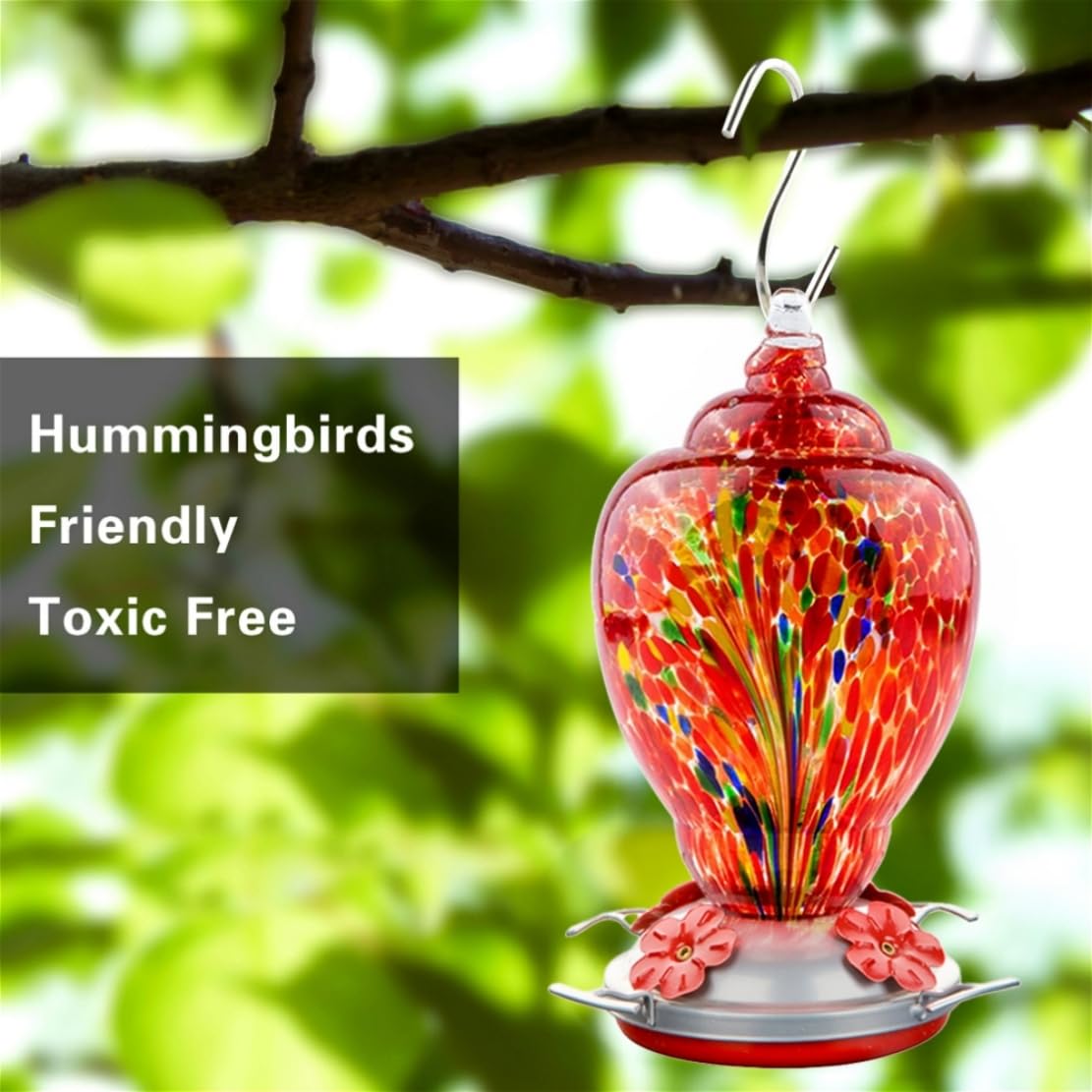 REZIPO Hummingbird Feeder Hand Blown Glass Bird Feeder for Outdoors Patio Large 32 Ounces Hummingbird Nectar Capacity with Hanging Hooks, Rope, Brush and Service Card