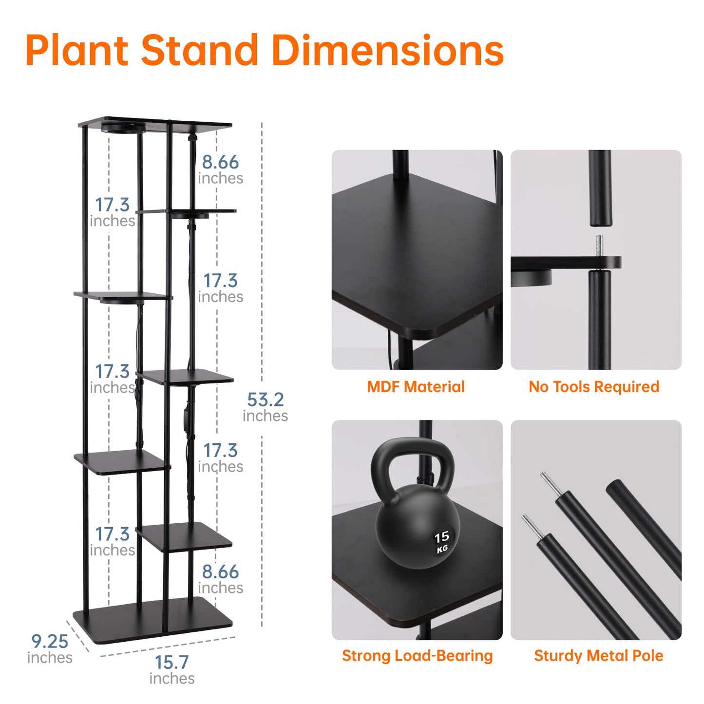 Bstrip Plant Stand Indoor with Grow Lights, 7-Tier Flower Rack, 5-Pack Full Spectrum Lights with Timer, Corner Plant Stand for Indoor Plants, 53" Tall Rectangular Stand for Living Room