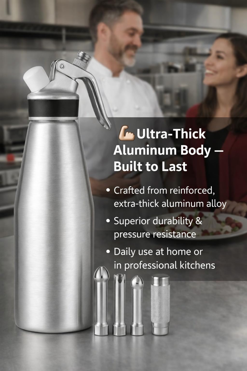Whipped Cream Dispenser–Double Wall Insulated Aluminum Water Bottle with Stainless Steel 3 Nozzles, Extra-Large Capacity Whipping Cream Maker for Desserts, Coffee, Cocktails More