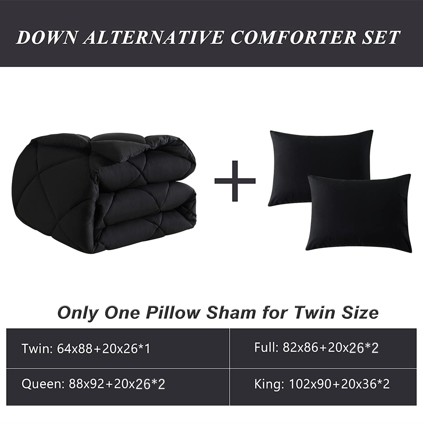 ELNIDO QUEEN Black Queen Comforter Set with 2 Pillow Shams - 3 Pieces Bed Comforter Set - Quilted Down Alternative Comforter Set - Lightweight All Season Bedding Comforter Sets Queen Size(88x92 inch)