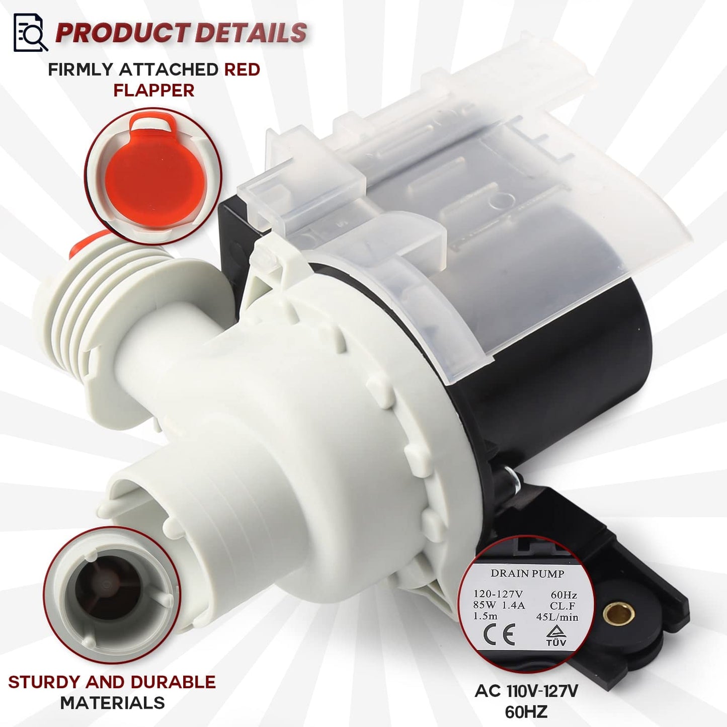 137221600 Washer Drain Pump Kit Replacement Part for Ken-More Frigi-daire Replace 137108100 AP5684706 134051200 134740500 134740800 137108100 137151800 137151800 137151900