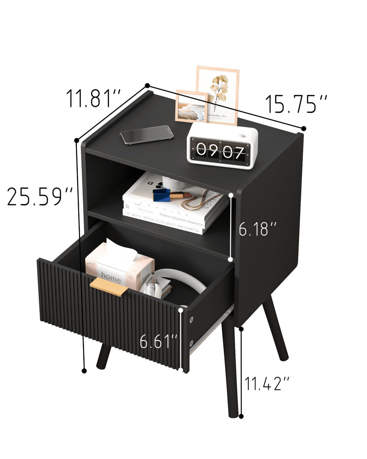 Black Nightstand,Modern Bedside Table with Storage Drawer and Open Wood Shelf, for Living Room, Bedroom and Small Spaces, Accent Night Stand with Solid Wood Legs, Easy Assembly,Classic Black