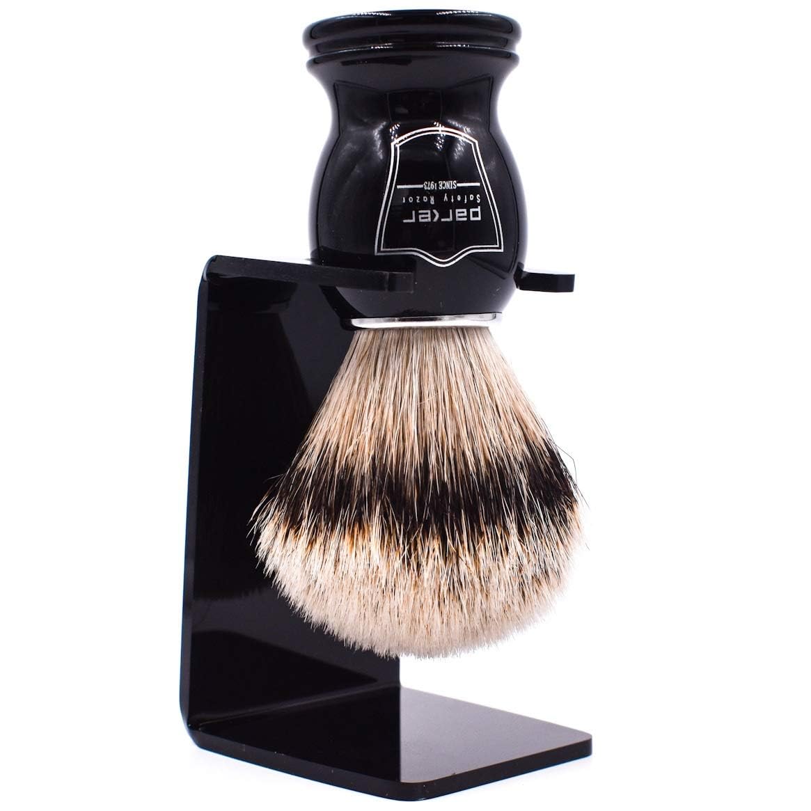 Parker Silvertip Badger Shaving Brush with Resin Handle & Resin Stand | 22mm Soft Knot for Rich Lather | Handcrafted Brush for Shave Cream or Soap | Premium Wet Shaving Accessory | Iconic Brand