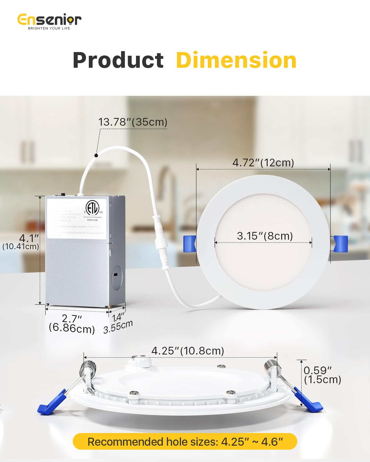 Ensenior 4Inch LED Recessed Slim Pot Light with Junction Box, 3000K/4000K/5000K Changeable, 9W 75W Eqv, Dimmable IC-Rated Ceiling Lighting, 750LM High Brightness (12 Pack)