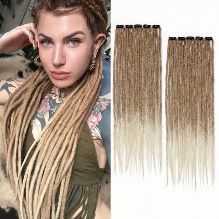 24 Inch Clip in Dreadlock Hair Extensions 10Clips 40 Strands Synthetic Handmade Soft Clip In Dreads Extensions for Women,Brown/Blonde