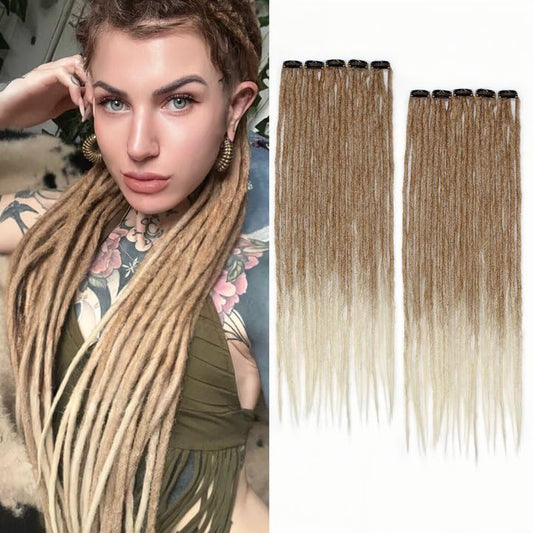 24 Inch Clip in Dreadlock Hair Extensions 10Clips 40 Strands Synthetic Handmade Soft Clip In Dreads Extensions for Women,Brown/Blonde