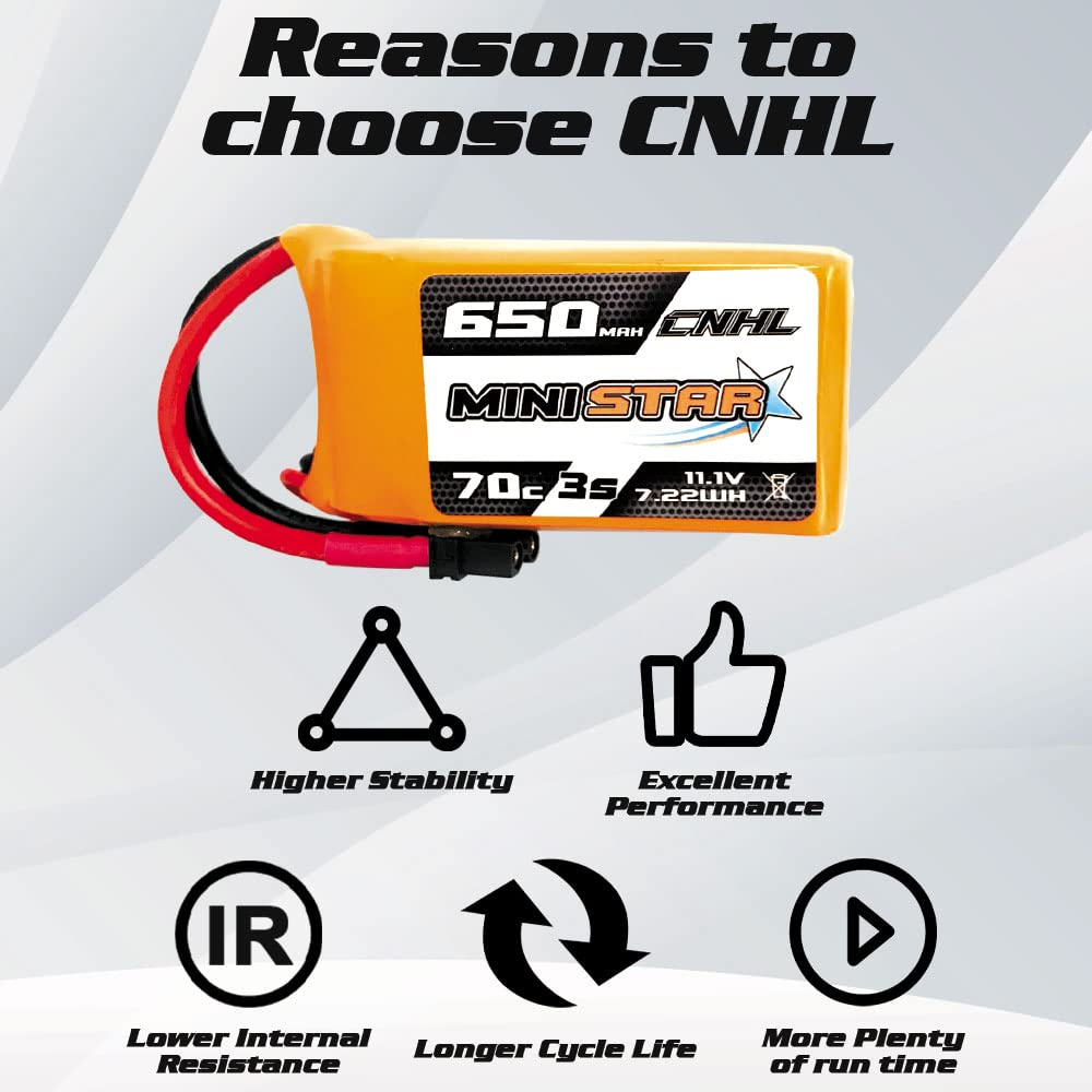 CNHL 3s Lipo Battery 650mAh 70C 11.1v with XT30 Plug for MultiRotor FPV Torrent 110 Lizard 95 Quad Quadcoper Micro RC Drone Racing Hobby (2 Packs)