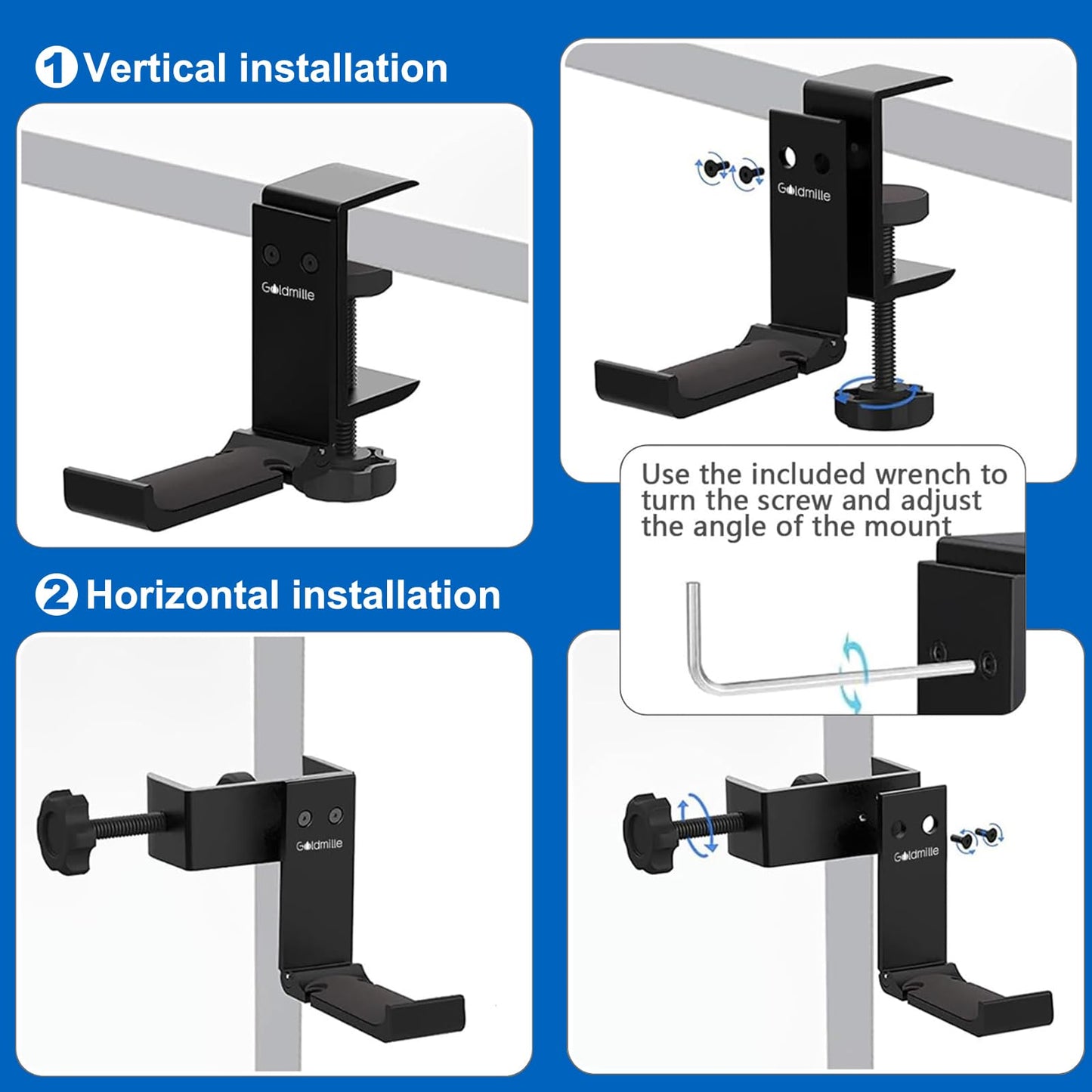 Goldmille Aluminum Headphone Stand Hanger Foldable with Cable Clip - Headset Holder Clamp Hook Under Desk, Save Your Space While Working & Gaming - 2Pack