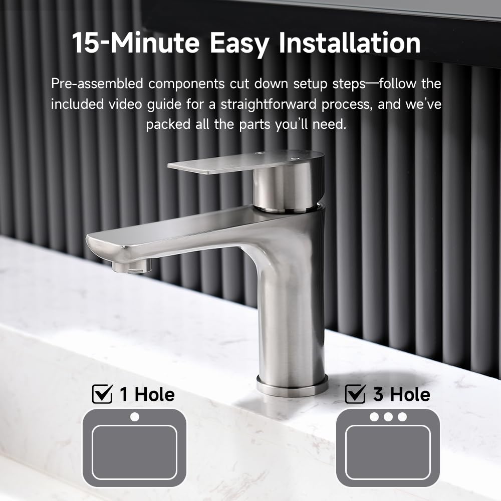 Brushed Nickel Bathroom Faucet Without Deck Plate & Pop-up Drain, Single Handle Stainless Steel Bathroom Sink Faucet, Single Hole Faucet for RV Camper Farmhouse Lavatory Bar Vanity Sink, BF019L