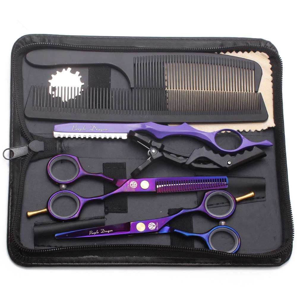 Purple Dragon 5.5 inch Hair Cutting Scissors Set with Razor, Leather Scissors Case, Barber Hair Cutting Shears Hair Thinning/Texturizing Shears for Professional Hairdresser or Home Use (Purple)