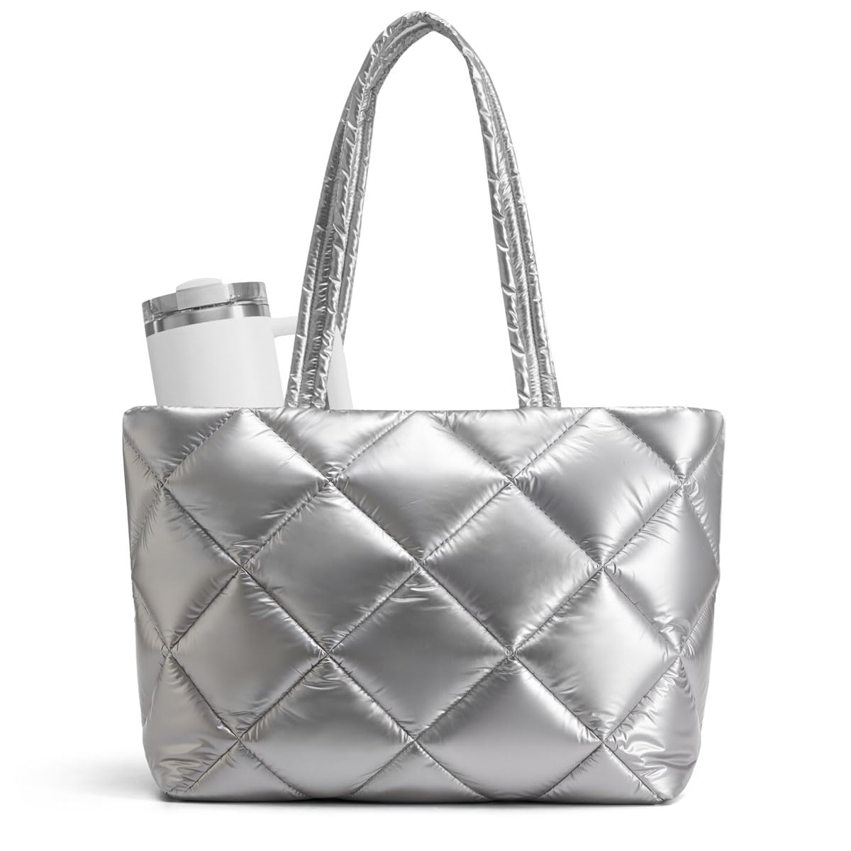 ASL Puffer Tote Bag for Women, Lightweight Quilted Handbags with Bottle Pockets for 15.6 Inch Laptop, Work Travel Nurse Gifts, Shiny Silver