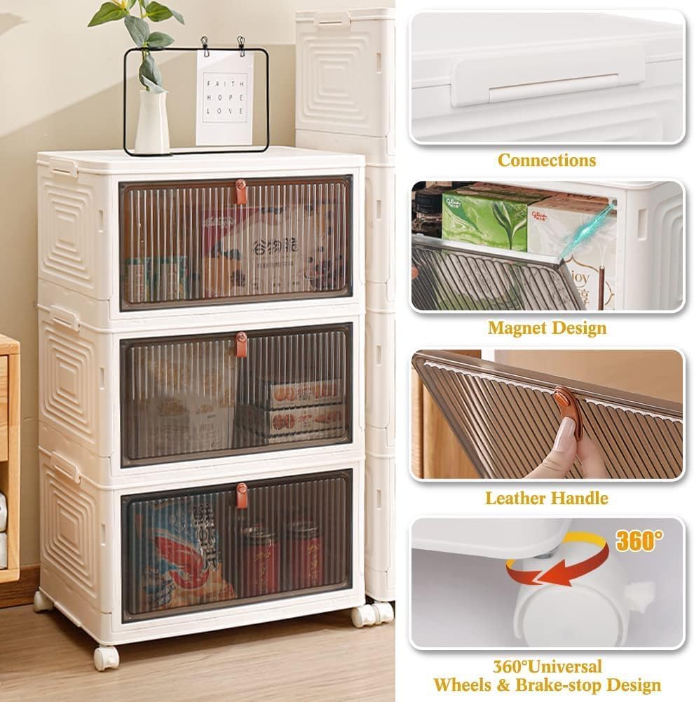 UHAPEER 3 Tier Plastic Stackable Storage Bins with Lids, Foldable Storage Box with Magnetic Doors and Wheels, Storage Container for Cabinet Closet Storage, Book, Clothes, Food Organization and Storage