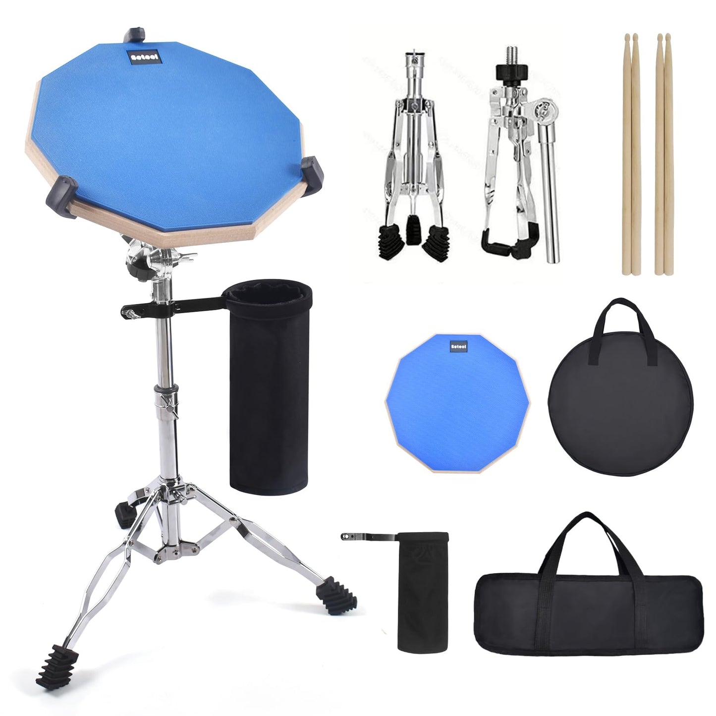Seteol Drum Practice Pad Set, 12 Inch Double Sided Silent Drum Pad with Storage Bag + Adjustable Snare Drum Stand with Carry Bag + 2 Pair Drum Sticks with Drumstick Holder, Fits 10"-14" Drums (Blue)