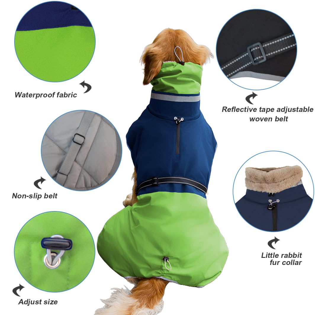 Waterproof Dog Winter Coat, Reflective Turtleneck Design, Fleece Jacket with Snow Protection for Large Dogs, Cold Weather Pet Apparel (Green, 5XL)
