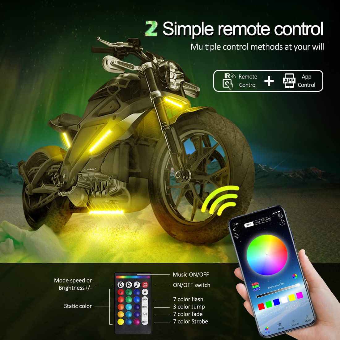 MAODANER 12pcs Motorcycle underglow LED Light Kit, RGB Motorcycle LED Interior Strip Lights with Music Mode, Brake Light Function Waterproof Motorcycle Accessories - Wireless APP Control, DC 12V