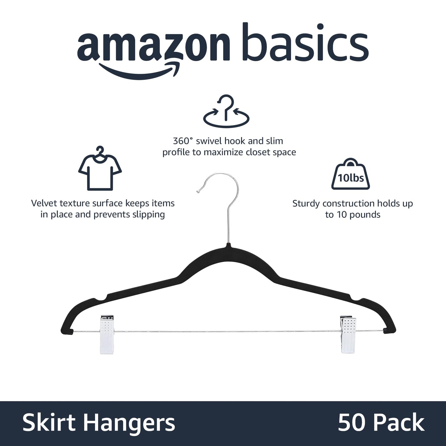 Amazon Basics Velvet, Non-Slip Skirt Clothes Hangers with Clips, Black - Pack of 50