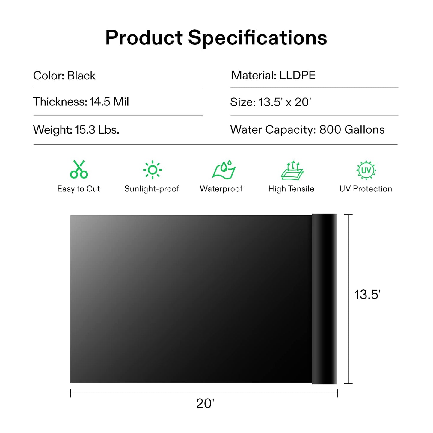VIVOSUN 13.5 x 20 Feet Pond Liner, 14.5 Mil Durable LLDPE Pond Liners for Koi Ponds, Aquaculture and Water Gardens, Black