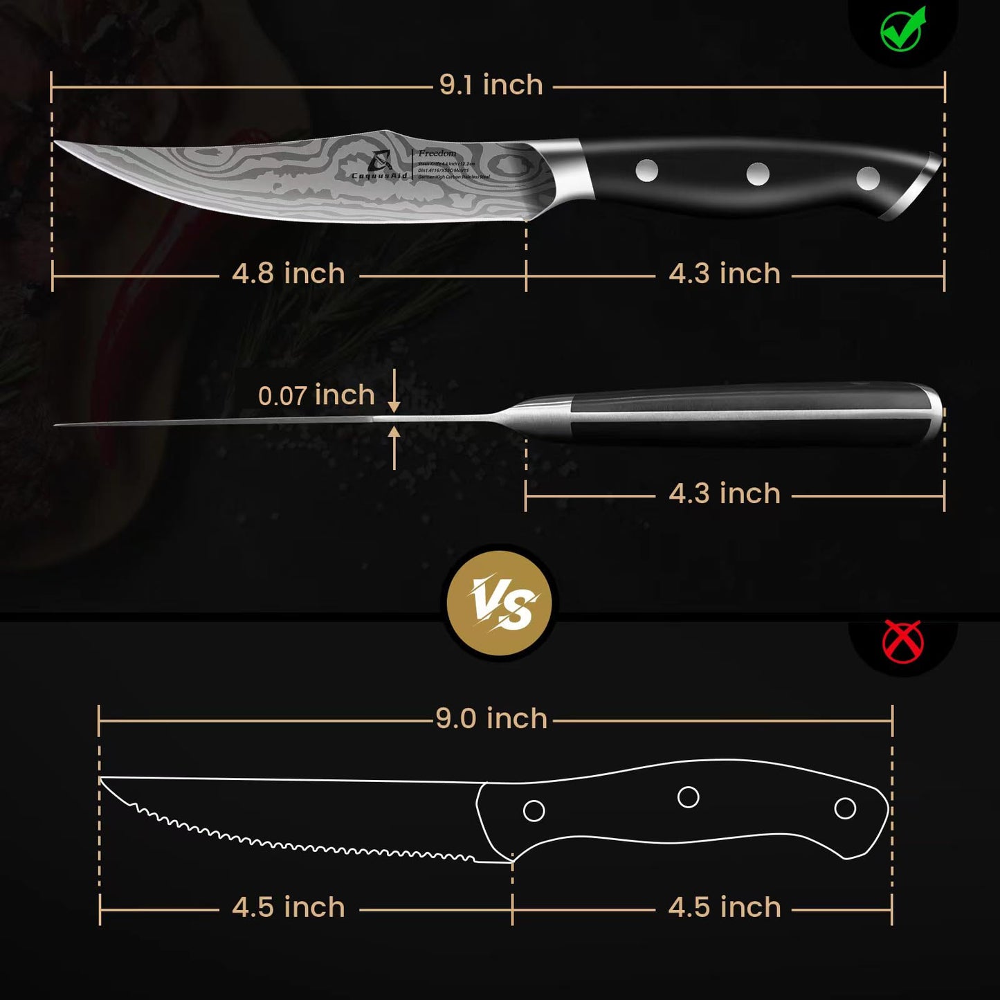 CoquusAid Steak Knives Set of 8, 4.8 Inch Straight Edge Ultra Sharp Durable Meat knives With Rest, High Carbon Stainless Steel Damascus Pattern Triple Rivet Handle, Ideal for Home Restaurant Party