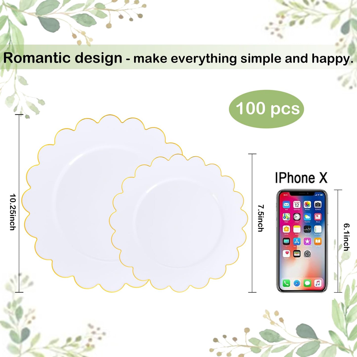 supernal 100pcs Christmas Scalloped Plastic Plates Gold-White and Gold Disposable Plates- Plastic Plate for Thanksgiving Dinner,Pretty Party Plate Perfect for Wedding Birthday