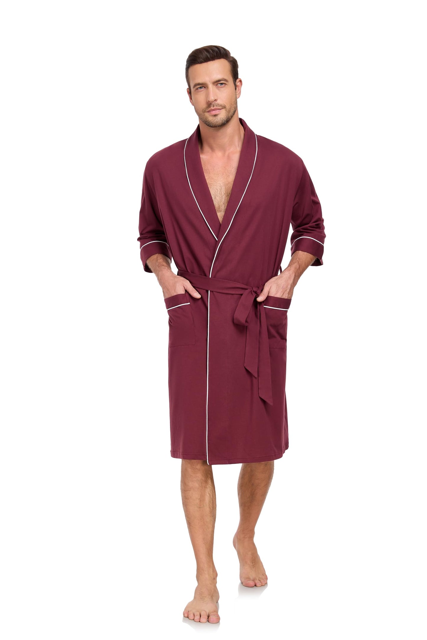COLORFULLEAF Men's Bathrobes 100% Cotton Soft Comfort Breathable Short Sleeve Summer Kimono Mens Lightweight Robe, Burgundy, Large