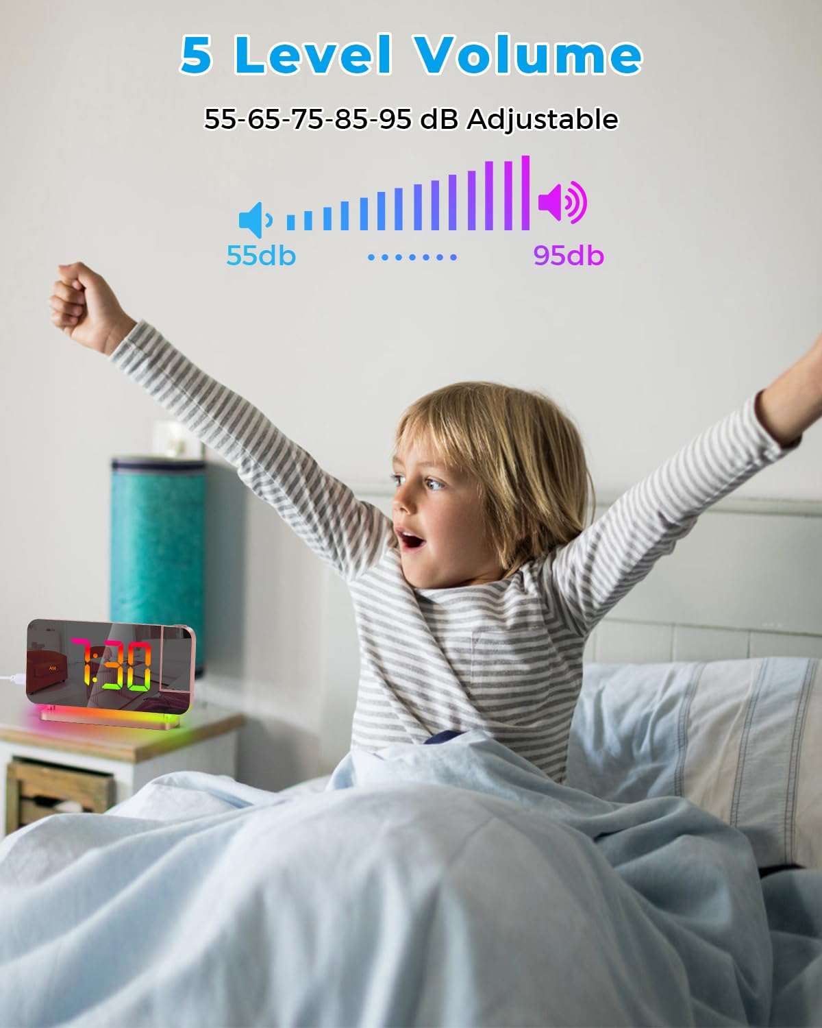 SZELAM Projection Alarm Clock,7.4 in LED Mirror Digital Clocks Projection on Ceiling Wall,with RGB Night Light,USB C Charging Port,Auto Dimming,Modern Desk Clock for Bedroom Decor - Rose Gold