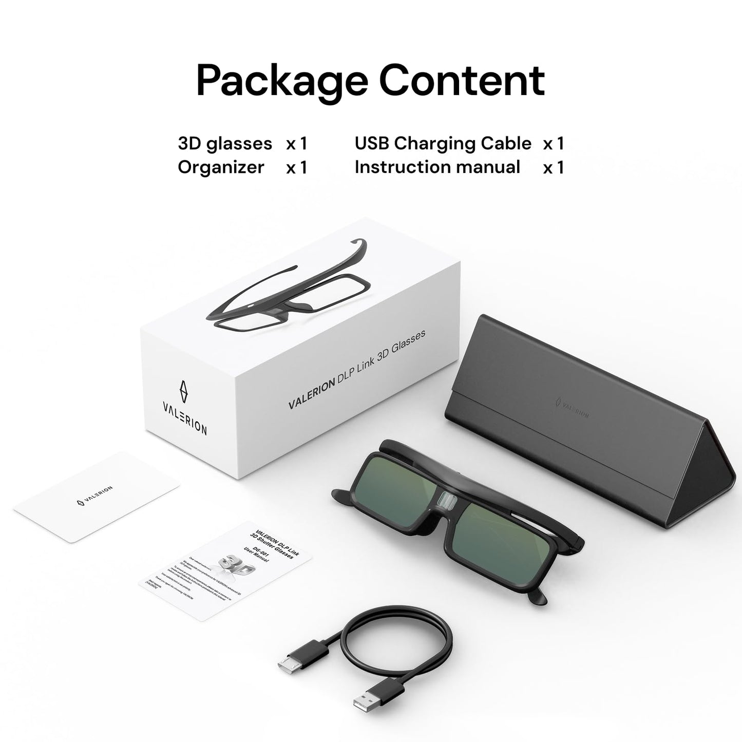 Valerion DLP Link 3D Glasses, Rechargeable Active Shutter Eyewear compatiable with VisionMaster Max/ Pro2/ Pro, StreamMater Puls2/ Puls & Other DLP-Link 3D projectors (2 Pack)