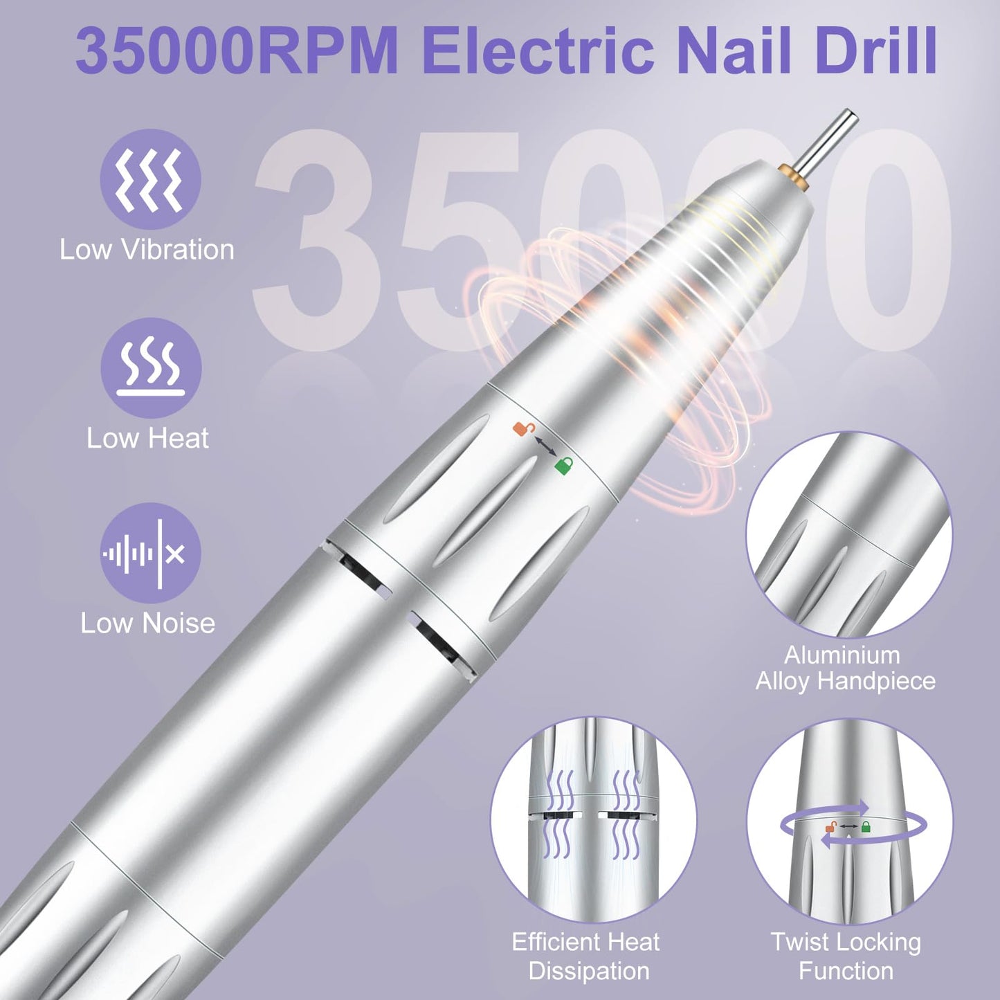 Cadrim 35000 RPM Portable Nail Drill, Electric Nail File, Cordless, Rechargeable, Professional Efile Nail Drill Machine Set for Acrylic Nails, Polishing, Manicure Pedicure Tool