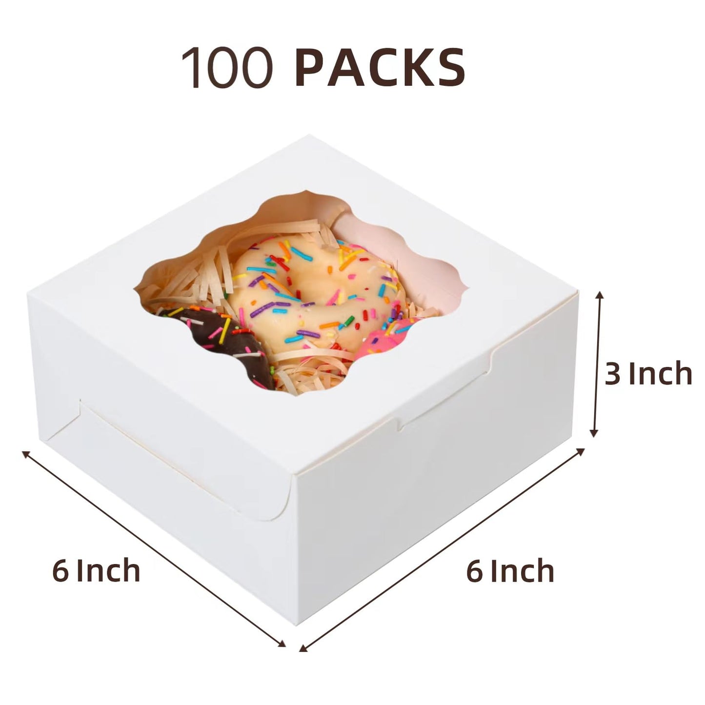 100 Pcs White Bakery Boxes with Window, 6x6x3 inches Cookie Boxes Macaroon Boxes Small Treat Boxes Mini Cake Boxes for Dessert, Pastry, Sturdy Take Out Container for Party Wedding Favor