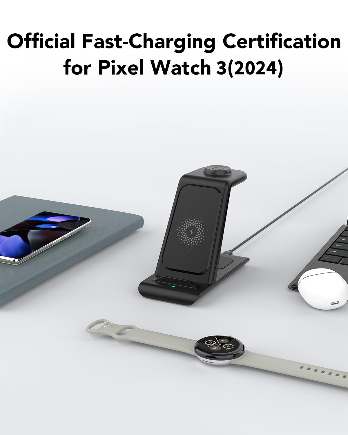 3 in 1 Wireless Charger for Pixel Watch 3/2(Not for Pixel Watch 4/1),Charging Station for Google 10/10 Pro/10 Pro XL/9/9 Pro/8/8 Pro/7/6,Buds Pro 1/2,iPhone16/Galaxy S25 Multiple Devices