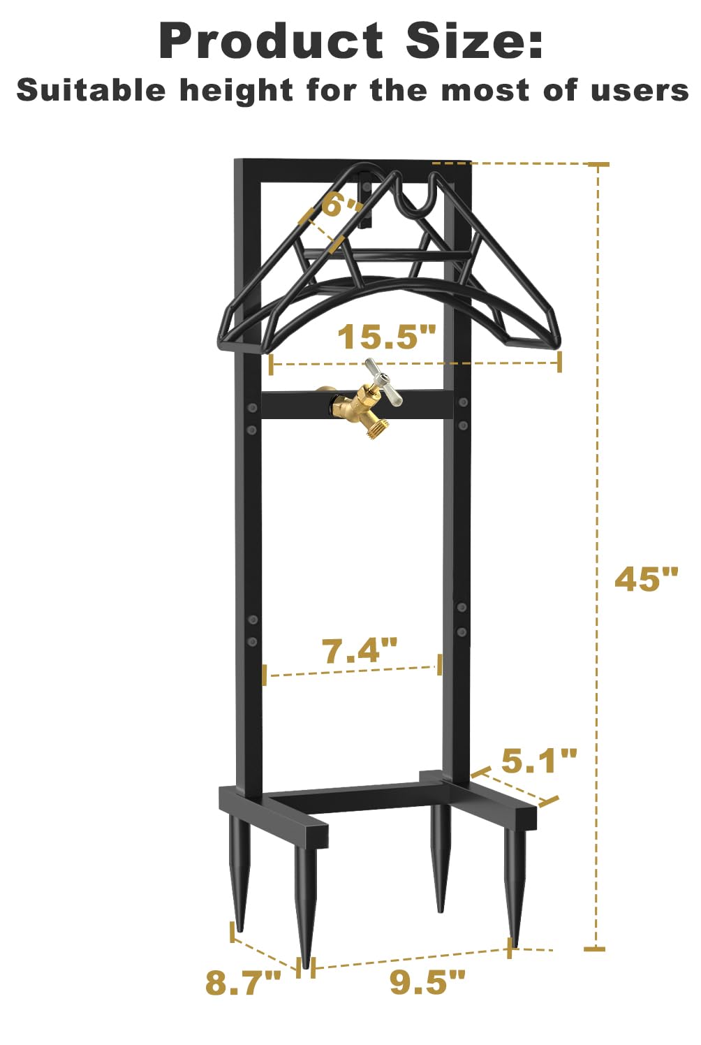 Artigarden Outdoor Garden Hose Holder Freestanding with Brass Faucet And 4 Spikes, Heavy Duty Metal Water Hose Reel Stand Hanger Rack Organizer Holds Storage 150ft Hose for Outside Yard Lawn, Black