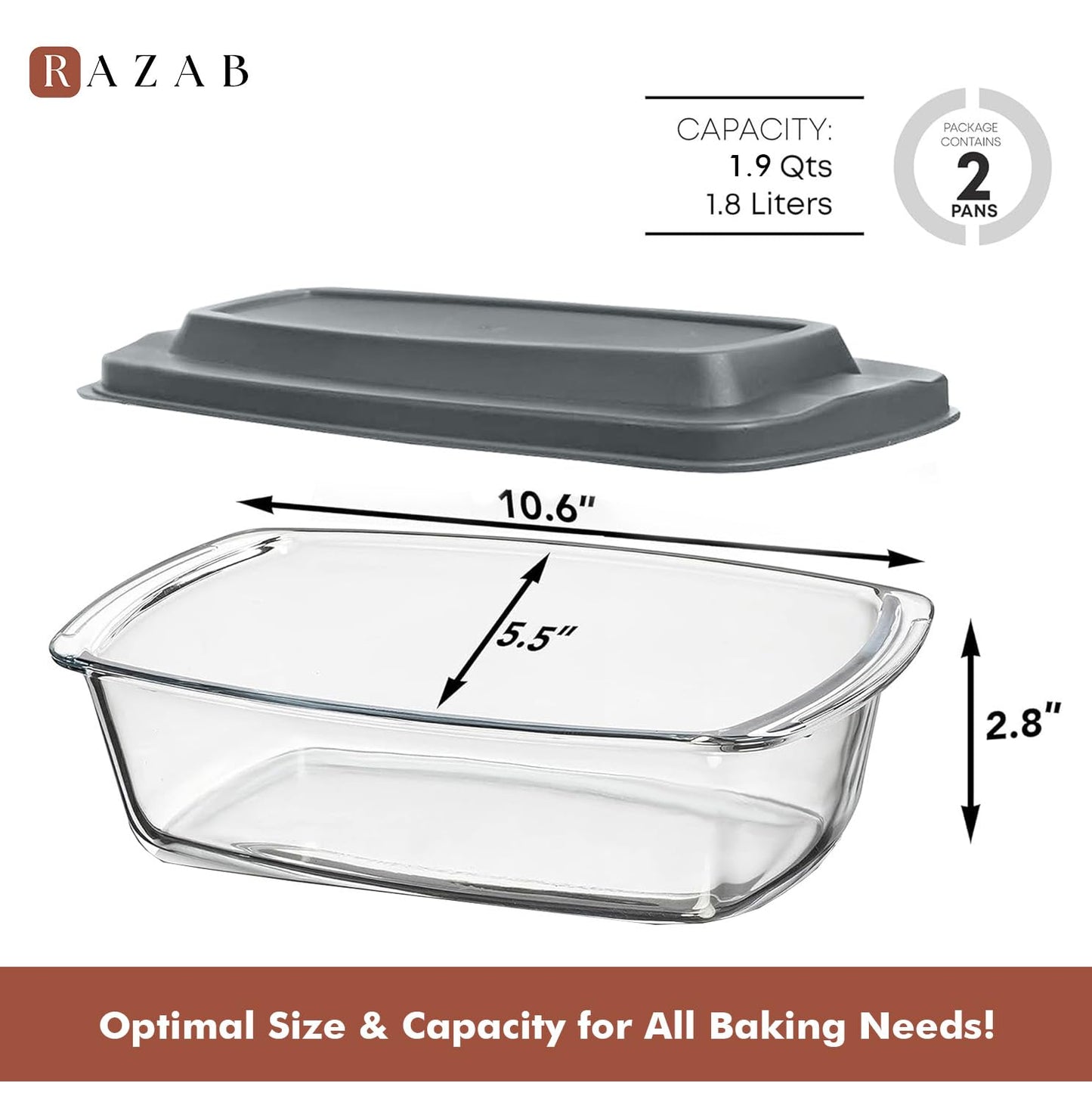 Razab 7.6 Cups / 1800ml / 1.9 Qt Large Glass Loaf Pan with Lids (Set of 2) - BPA-Free Meatloaf Pan with Easy-Grip Handle - 10 x 5 in Bread Baking Pan, Microwave & Oven Safe