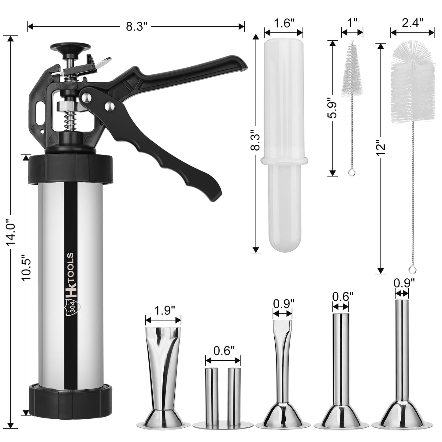 HK Jerky Gun Kits, Jerky Maker Gun, Beef Jerky Gun, 2 Pound Stainless Steel Sausage Jerky Making Gun with 5 Stainless Nozzles, 2 Cleaning Brushes, 1 Stomper, Black
