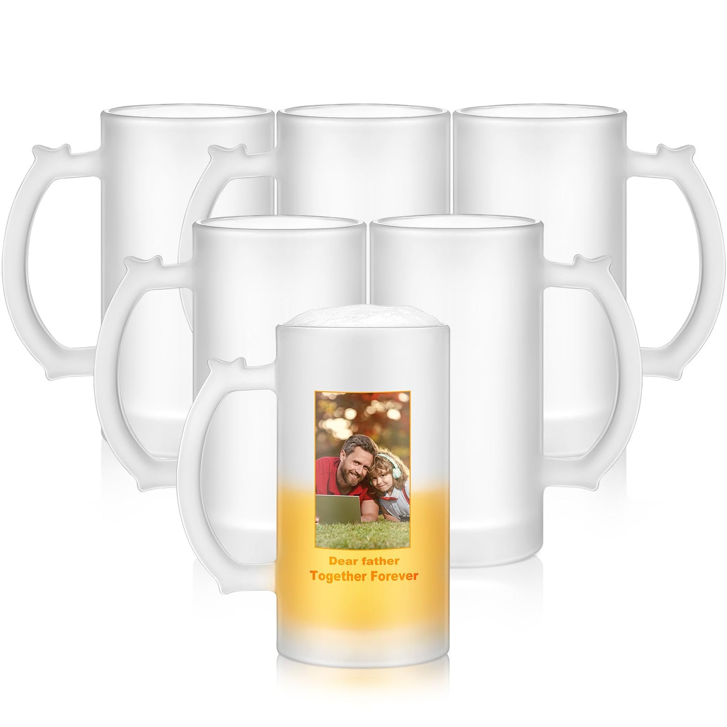 Mifoci 6 Pcs Sublimation Blank Beer Mugs Personalized Tazas para Father's Day Present 16 oz Frosted Beer Glass Cups Can Add Photo Text or Image Gift for Dad Husband Groomsmen Wedding Oktoberfest