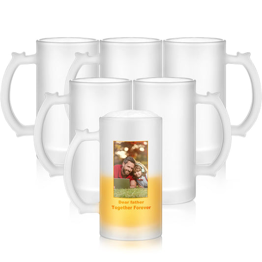 Mifoci 6 Pcs Sublimation Blank Beer Mugs Personalized Tazas para Father's Day Present 16 oz Frosted Beer Glass Cups Can Add Photo Text or Image Gift for Dad Husband Groomsmen Wedding Oktoberfest