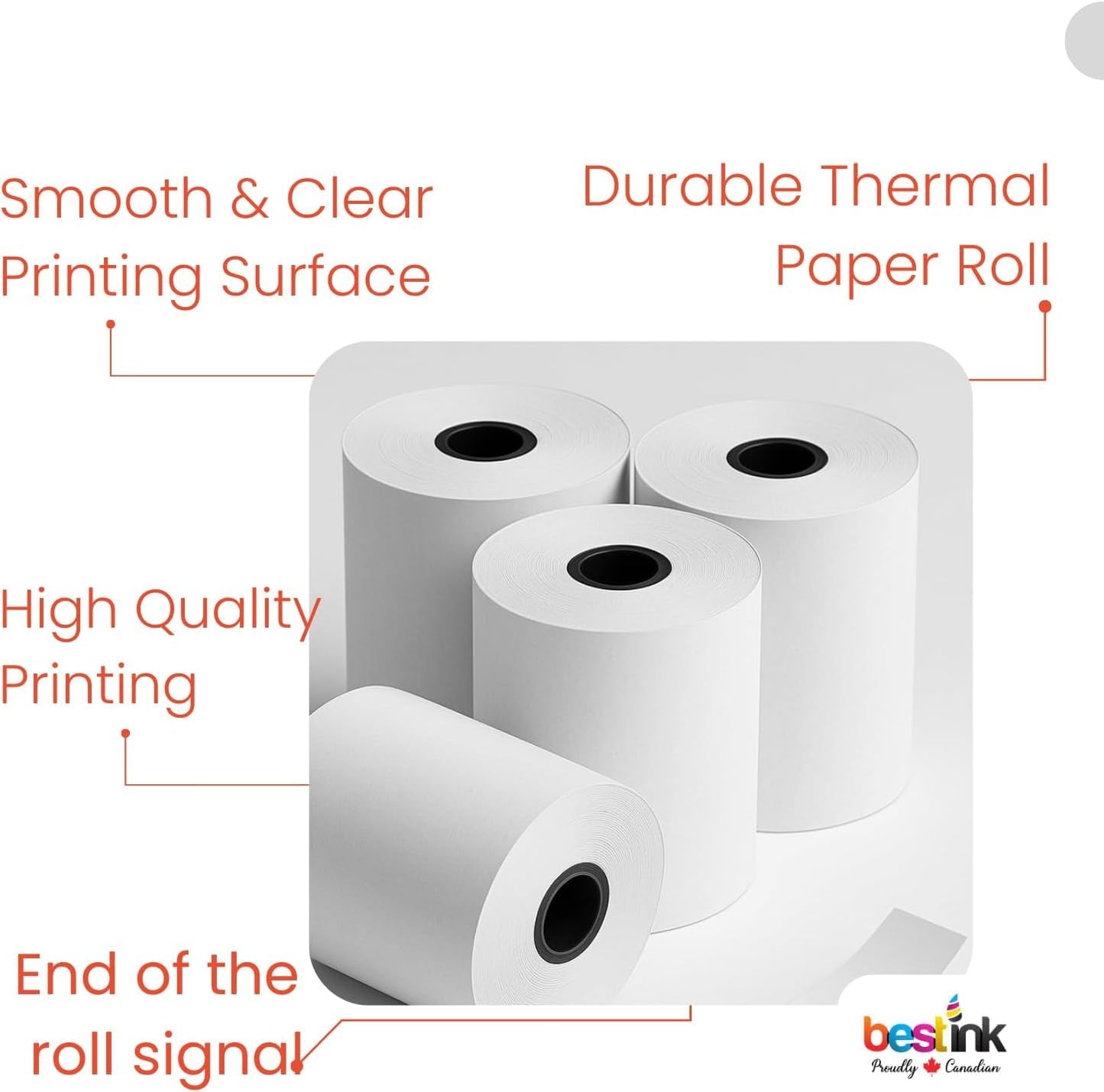 bestink 2 1/4" x 60' Thermal Paper Rolls – 50 Pack (2.25 x 60 Feet) BPA-Free Receipt Paper, Compatible with 2 1/4" x 75' & 80' POS Machines, Credit Card Terminals, Cash Registers, Receipt Printers